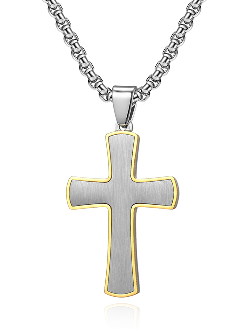 Men's Stainless Steel Cross Pendant Gold & Silvertone 24" Round Box Chain Necklace