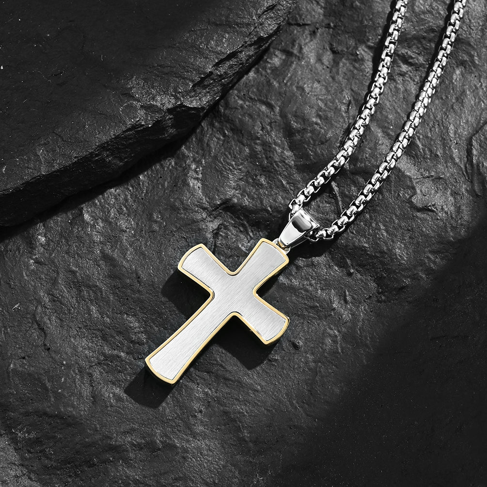 Men's Stainless Steel Cross Pendant Gold & Silvertone 24" Round Box Chain Necklace