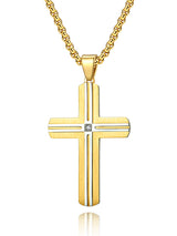 Men's Goldtone Stainless Steel Cross Pendant Cubic-Zirconia 24" Round Box Chain