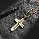 Men's Goldtone Stainless Steel Cross Pendant Cubic-Zirconia 24" Round Box Chain