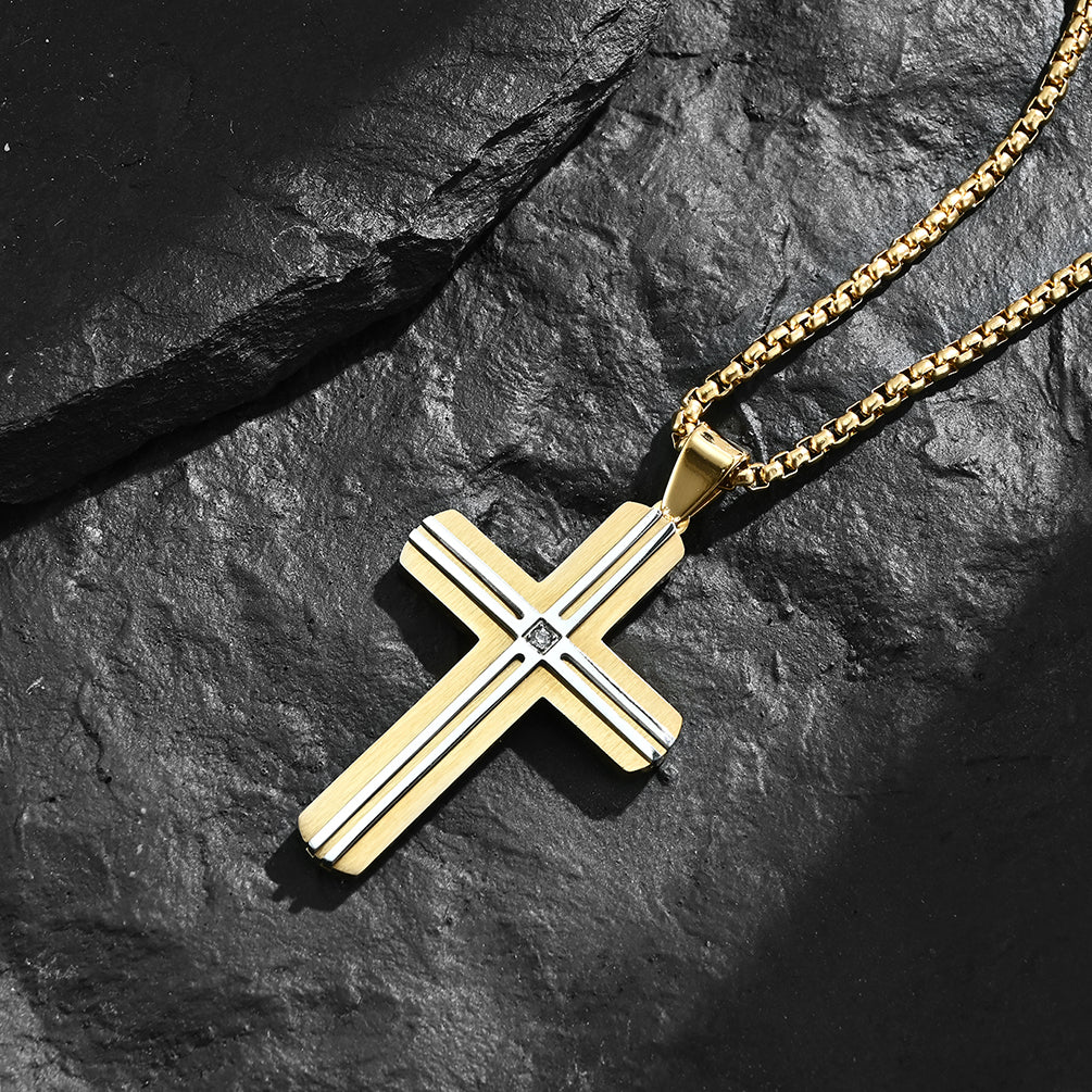 Men's Goldtone Stainless Steel Cross Pendant Cubic-Zirconia 24" Round Box Chain