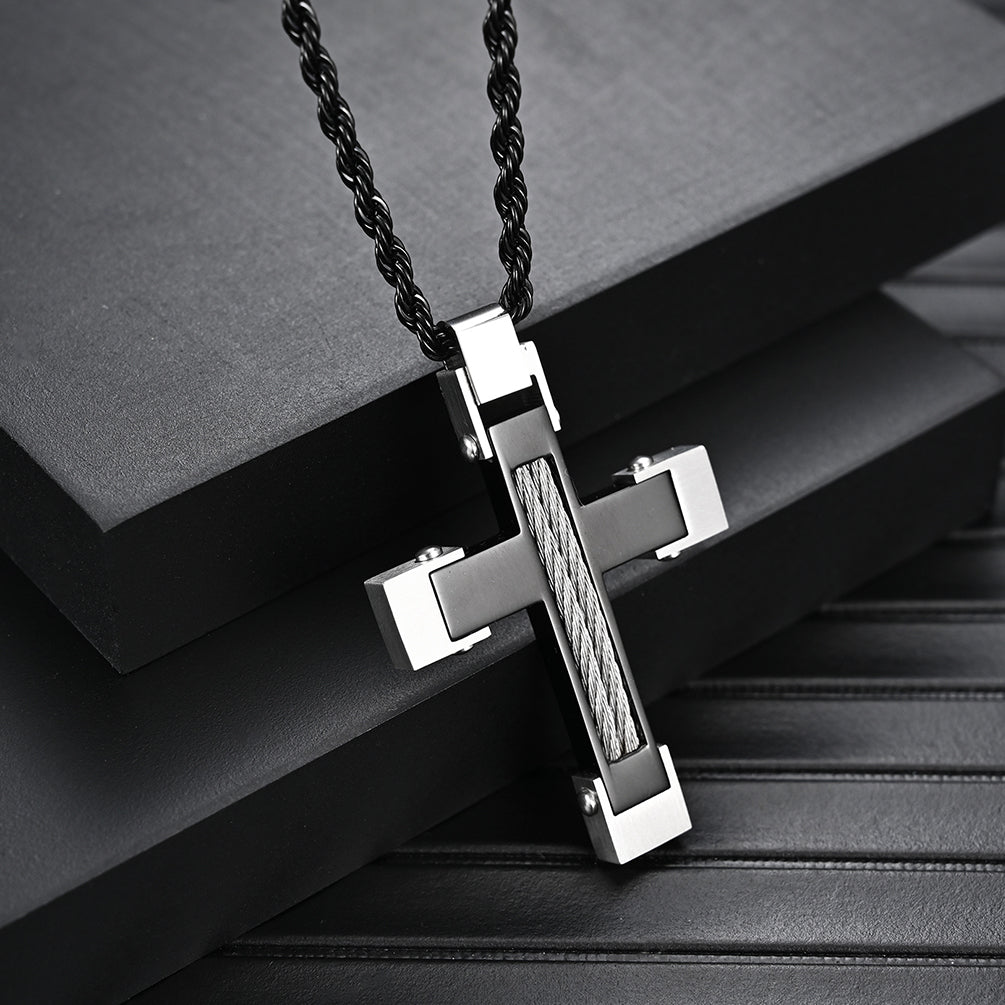 Men's Stainless Steel Cross Pendant Black Silver Twisted Cable Inlay 24" Rope Chain Necklace