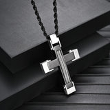 Men's Stainless Steel Cross Pendant Black Silver Twisted Cable Inlay 24" Rope Chain Necklace