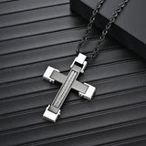 Men's Stainless Steel Cross Pendant Black Silver Twisted Cable Inlay 24" Rope Chain Necklace