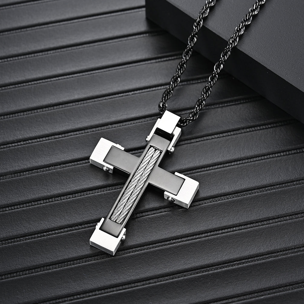 Men's Stainless Steel Cross Pendant Black Silver Twisted Cable Inlay 24" Rope Chain Necklace