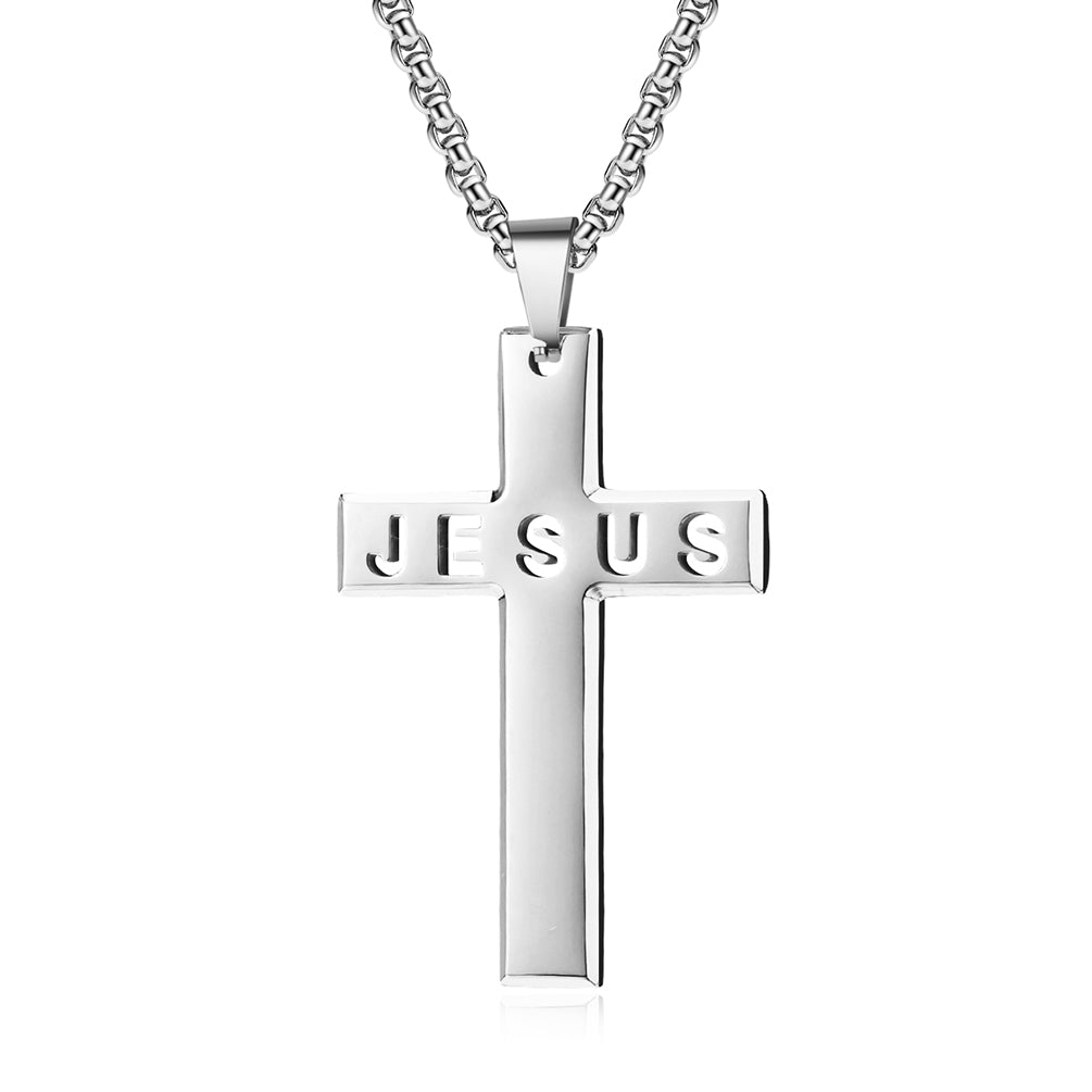 Men's Stainless Steel Jesus Cross Pendant Silvertone 24" Round Box Chain Necklace
