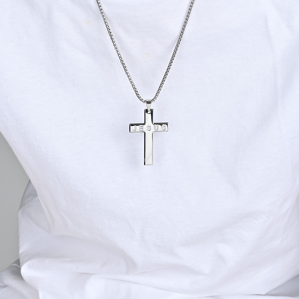 Men's Stainless Steel Jesus Cross Pendant Silvertone 24" Round Box Chain Necklace