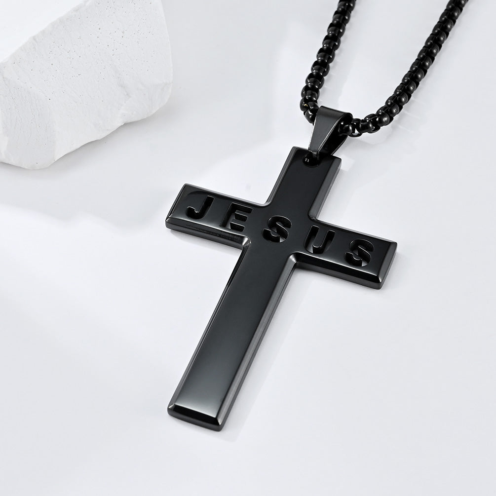 Men's Black Stainless Steel Jesus Cross Pendant 24" Round Box Chain Necklace