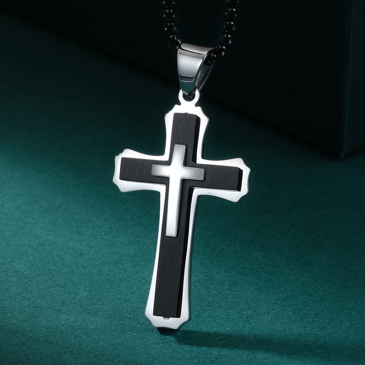 Men's Stainless Steel Cross Pendant Black & Silvertone 24" Round Box Chain Necklace