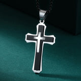 Men's Stainless Steel Cross Pendant Black & Silvertone 24" Round Box Chain Necklace