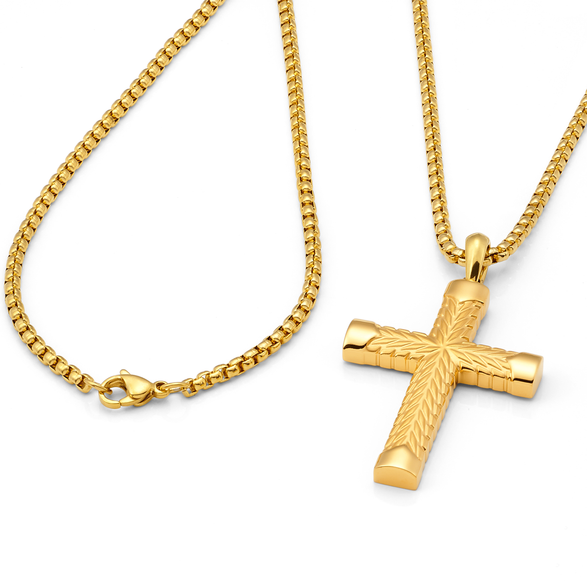 Men's Gold Stainless Steel Chevron Carved Cross Pendant Necklace with 24" Round Box Chain