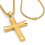 Men's Gold Stainless Steel Chevron Carved Cross Pendant Necklace with 24" Round Box Chain
