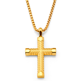 Men's Gold Stainless Steel Chevron Carved Cross Pendant Necklace with 24" Round Box Chain