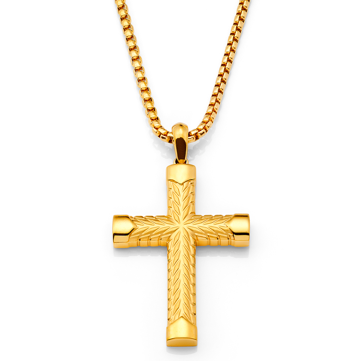 Men's Gold Stainless Steel Chevron Carved Cross Pendant Necklace with 24" Round Box Chain