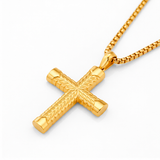 Men's Gold Stainless Steel Chevron Carved Cross Pendant Necklace with 24" Round Box Chain