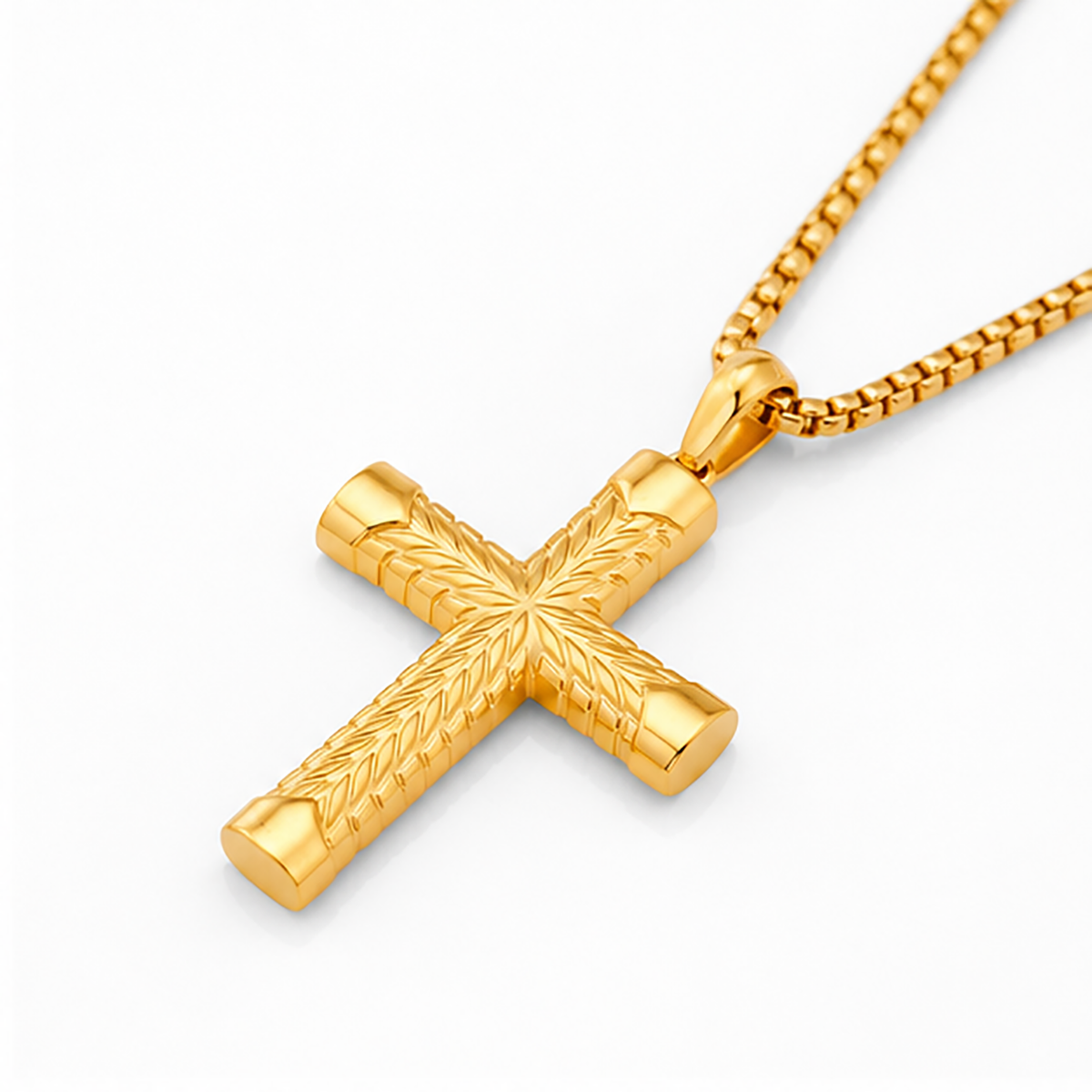 Men's Gold Stainless Steel Chevron Carved Cross Pendant Necklace with 24" Round Box Chain