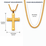 Men's Gold Stainless Steel Chevron Carved Cross Pendant Necklace with 24" Round Box Chain