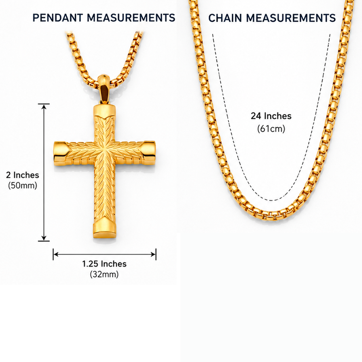 Men's Gold Stainless Steel Chevron Carved Cross Pendant Necklace with 24" Round Box Chain