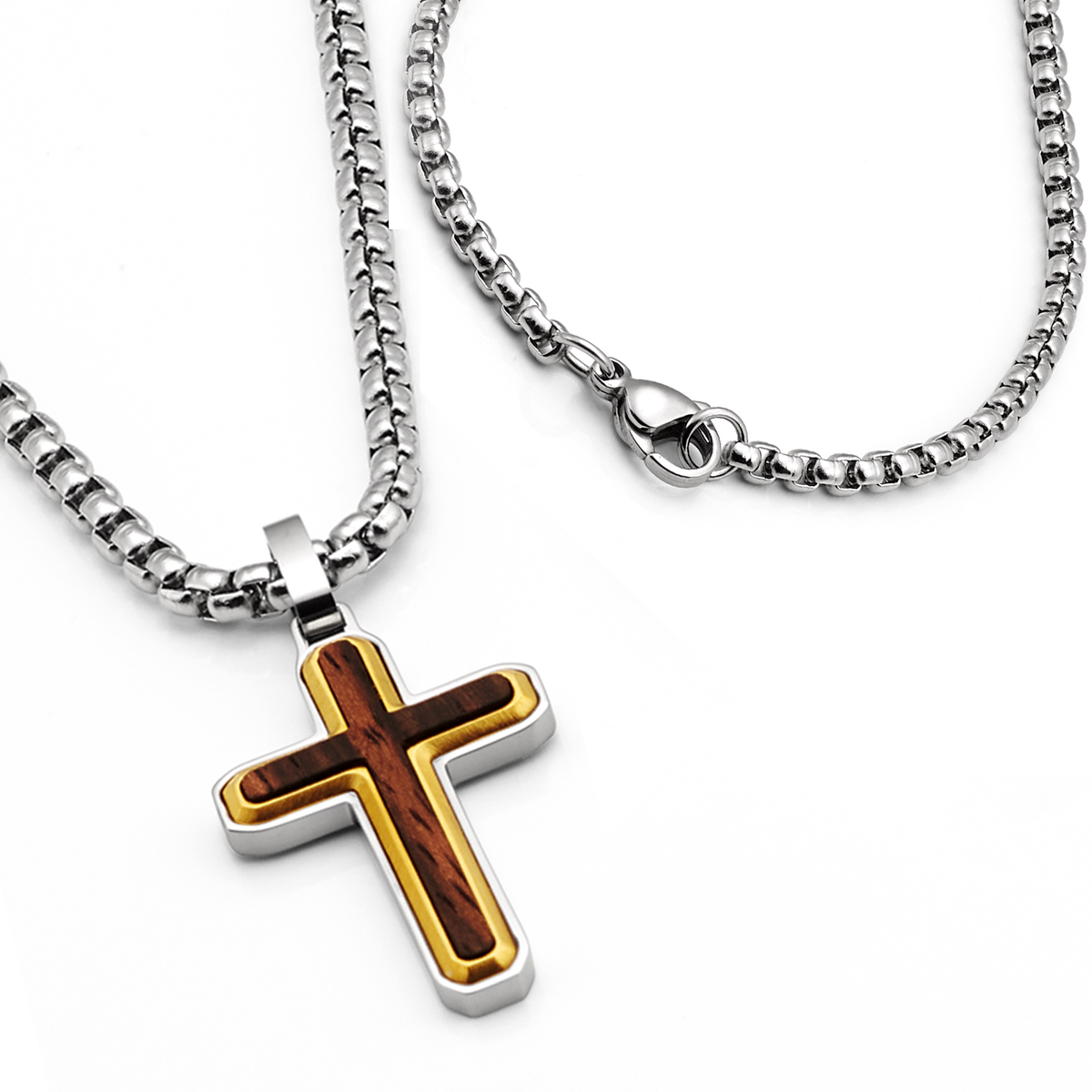 Men's Unisex Stainless Steel Two-Tone Cross Necklace with Real Santos Wood Inlay 24" Round Box Chain