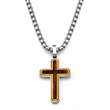 Men's Unisex Stainless Steel Two-Tone Cross Necklace with Real Santos Wood Inlay 24" Round Box Chain