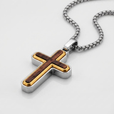Men's Unisex Stainless Steel Two-Tone Cross Necklace with Real Santos Wood Inlay 24" Round Box Chain