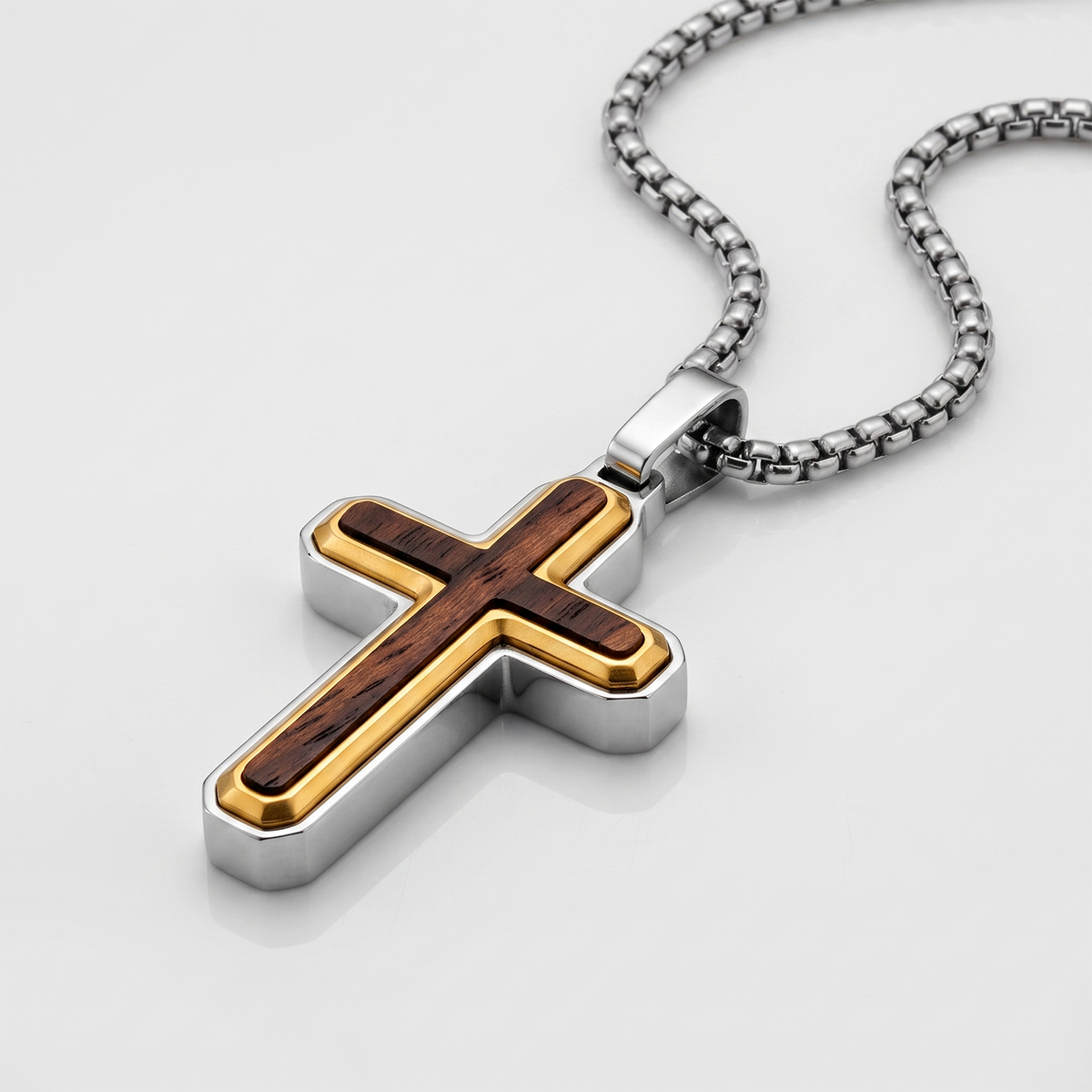 Men's Unisex Stainless Steel Two-Tone Cross Necklace with Real Santos Wood Inlay 24" Round Box Chain