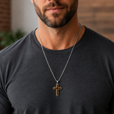 Men's Unisex Stainless Steel Two-Tone Cross Necklace with Real Santos Wood Inlay 24" Round Box Chain