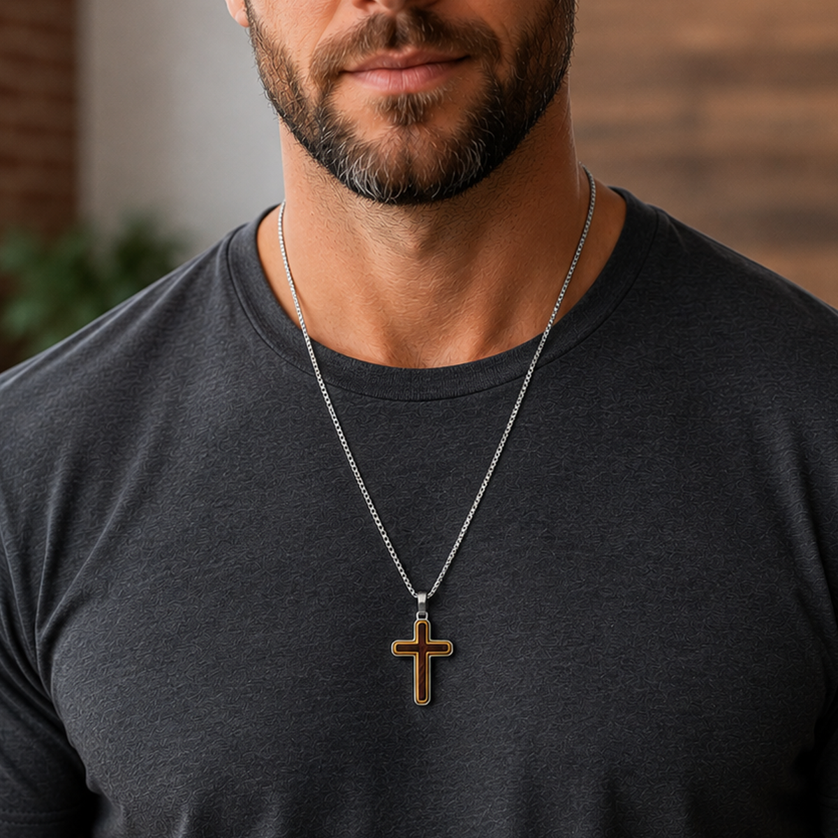 Men's Unisex Stainless Steel Two-Tone Cross Necklace with Real Santos Wood Inlay 24" Round Box Chain