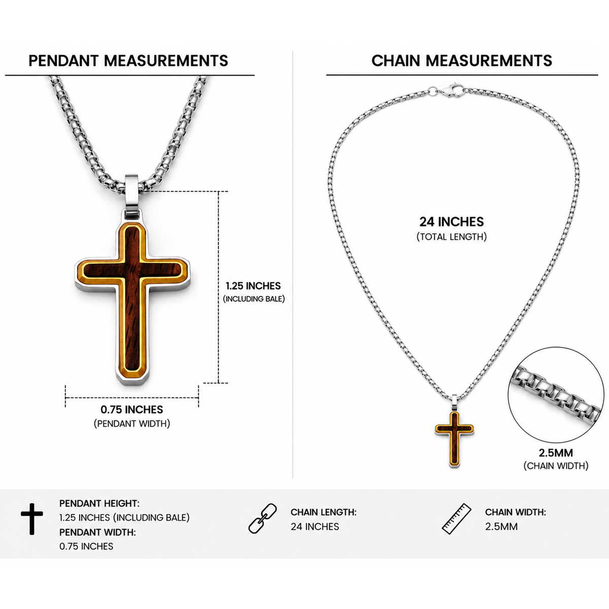 Men's Unisex Stainless Steel Two-Tone Cross Necklace with Real Santos Wood Inlay 24" Round Box Chain