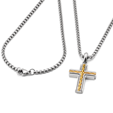 Metal Masters Men's Unisex Stainless Steel Two-Tone Cross Necklace with Golden Twisted Cable Inlay 24" Round Box Chain