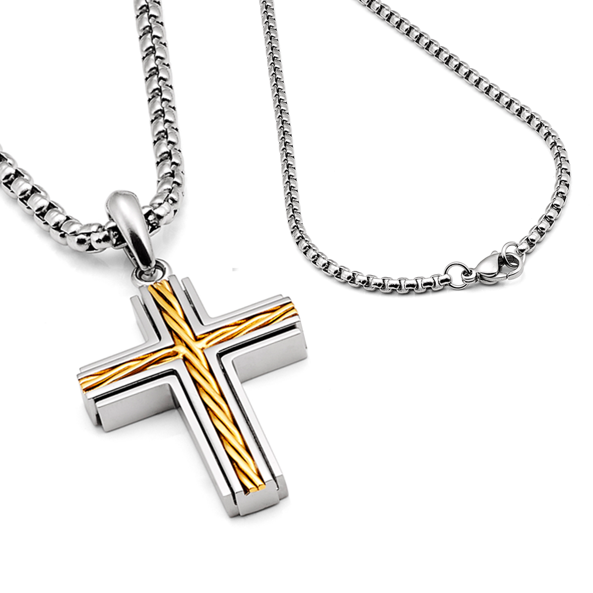 Metal Masters Men's Unisex Stainless Steel Two-Tone Cross Necklace with Golden Twisted Cable Inlay 24" Round Box Chain