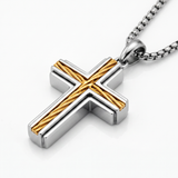 Metal Masters Men's Unisex Stainless Steel Two-Tone Cross Necklace with Golden Twisted Cable Inlay 24" Round Box Chain