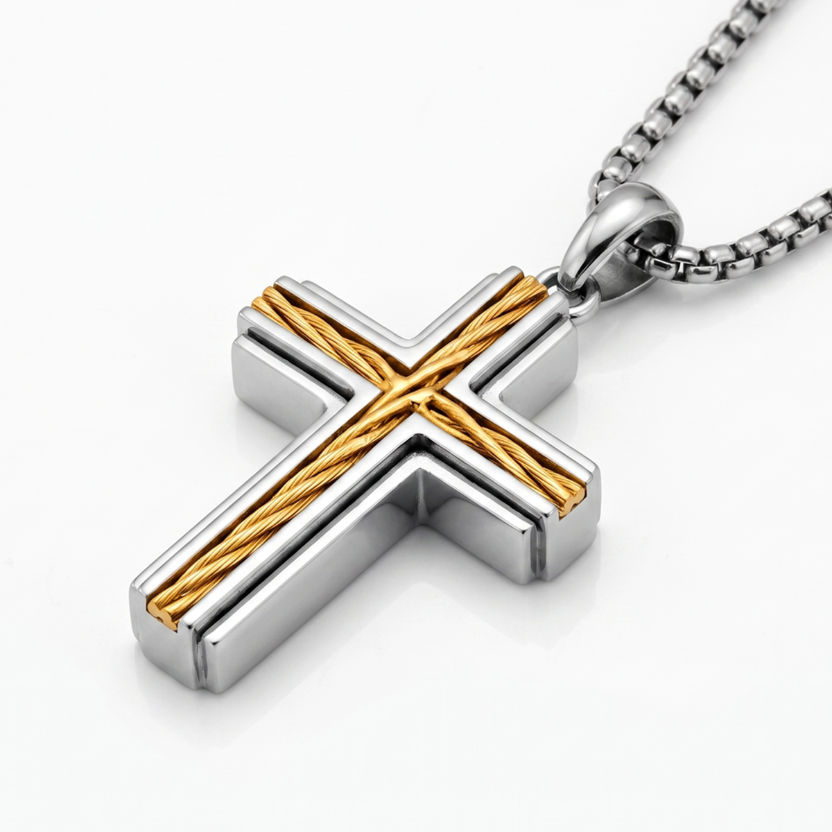 Metal Masters Men's Unisex Stainless Steel Two-Tone Cross Necklace with Golden Twisted Cable Inlay 24" Round Box Chain