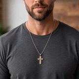 Metal Masters Men's Unisex Stainless Steel Two-Tone Cross Necklace with Golden Twisted Cable Inlay 24" Round Box Chain
