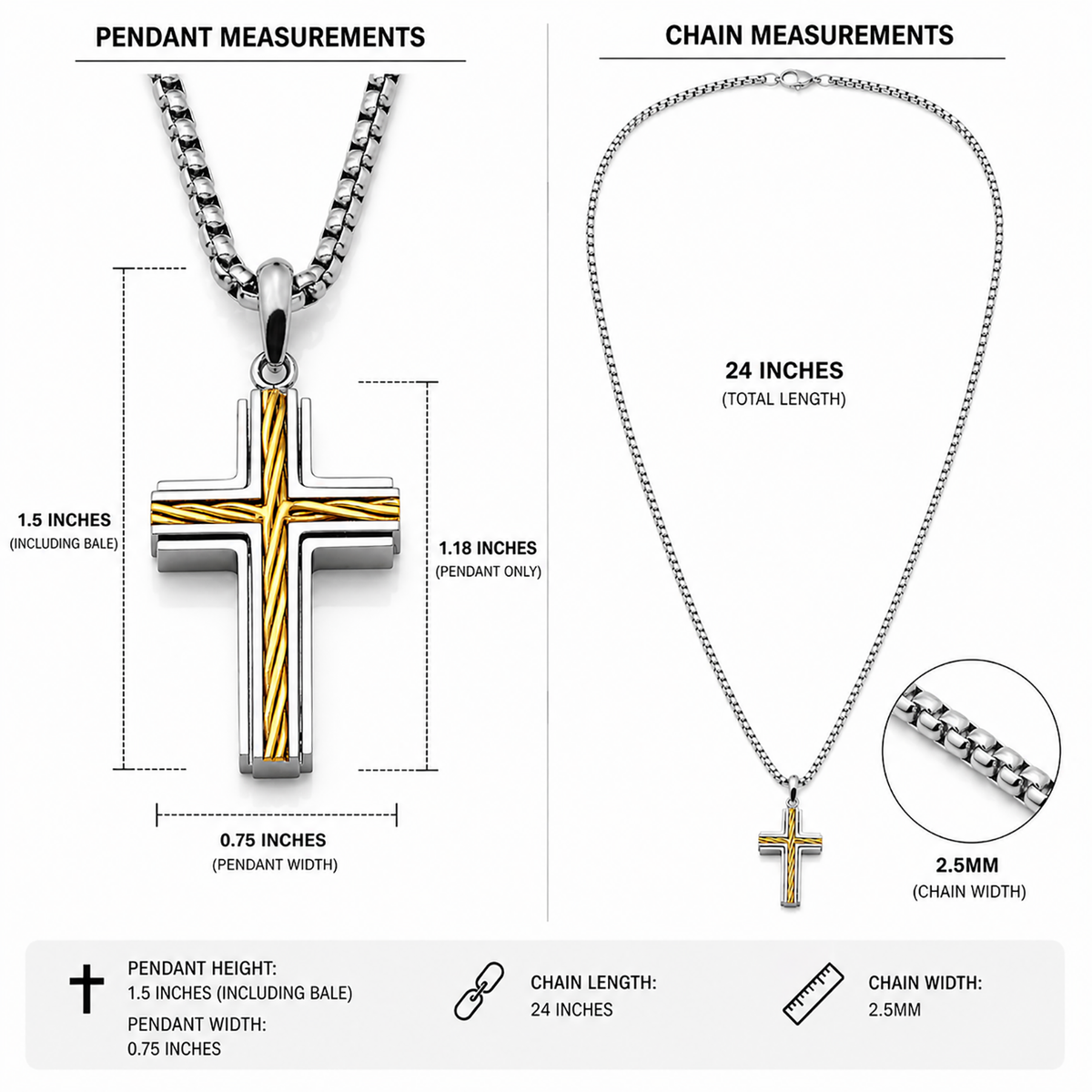Metal Masters Men's Unisex Stainless Steel Two-Tone Cross Necklace with Golden Twisted Cable Inlay 24" Round Box Chain