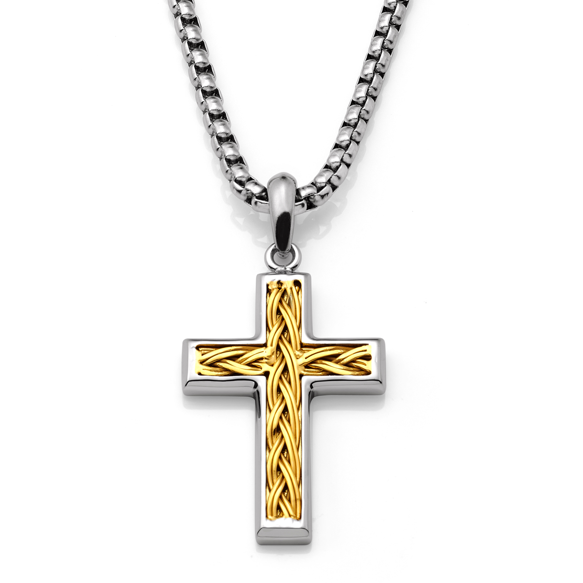 Men's Stainless Steel Two-Tone Cross Necklace with Braided Wire Inlay, 1.5" Pendant, 24" 2.5mm Round Box Chain