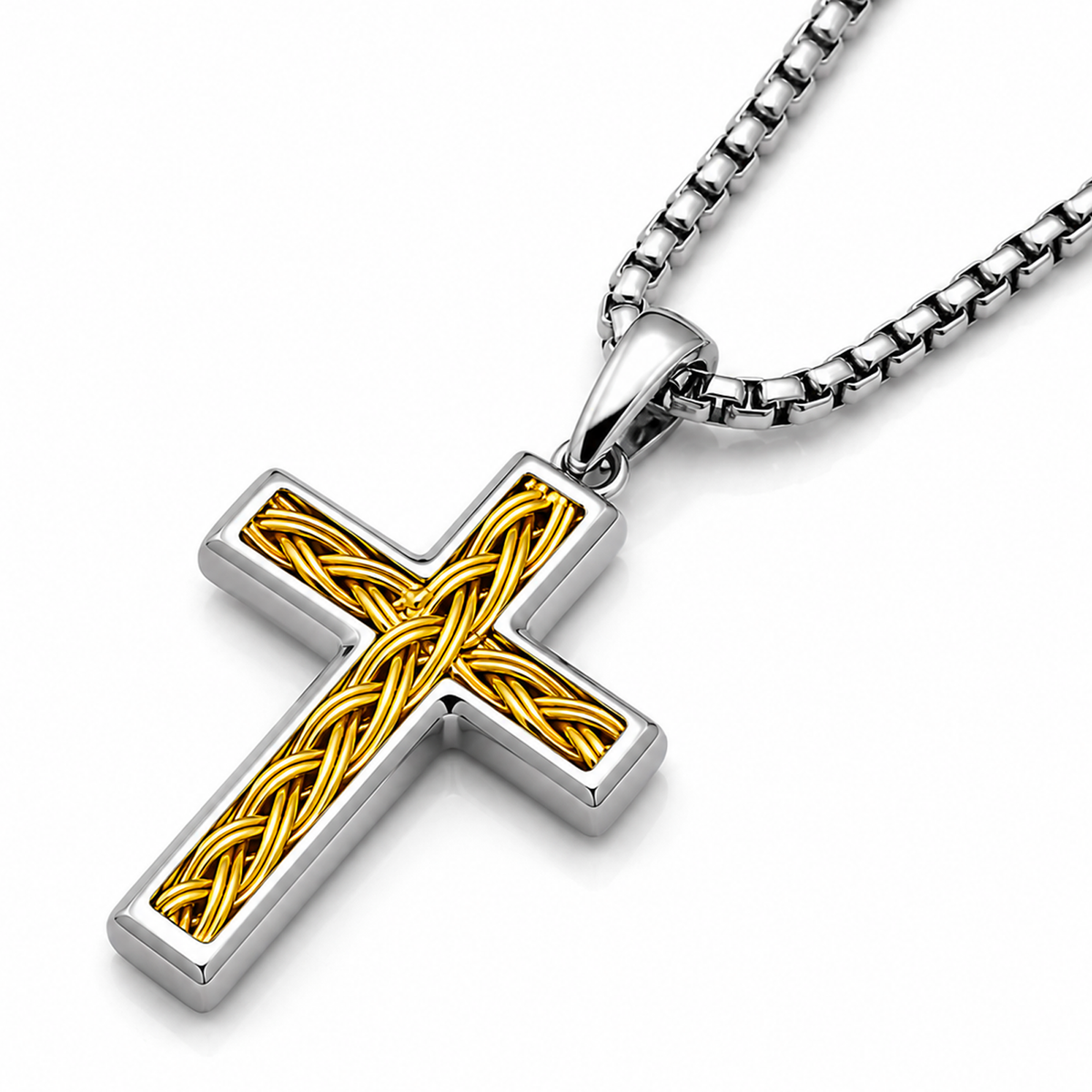 Men's Stainless Steel Two-Tone Cross Necklace with Braided Wire Inlay, 1.5" Pendant, 24" 2.5mm Round Box Chain