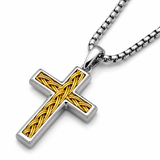 Men's Stainless Steel Two-Tone Cross Necklace with Braided Wire Inlay, 1.5" Pendant, 24" 2.5mm Round Box Chain