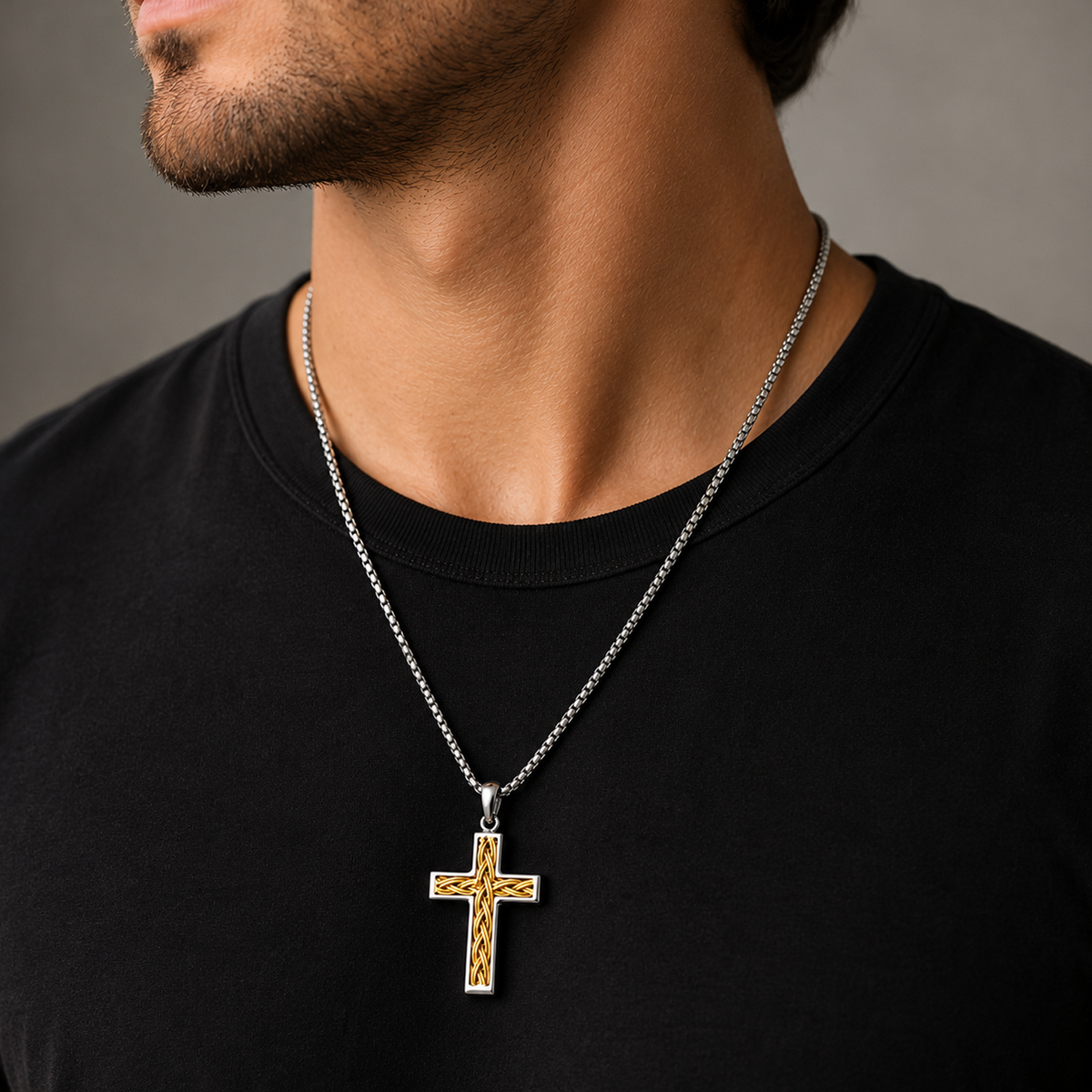 Men's Stainless Steel Two-Tone Cross Necklace with Braided Wire Inlay, 1.5" Pendant, 24" 2.5mm Round Box Chain