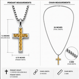 Men's Stainless Steel Two-Tone Cross Necklace with Braided Wire Inlay, 1.5" Pendant, 24" 2.5mm Round Box Chain