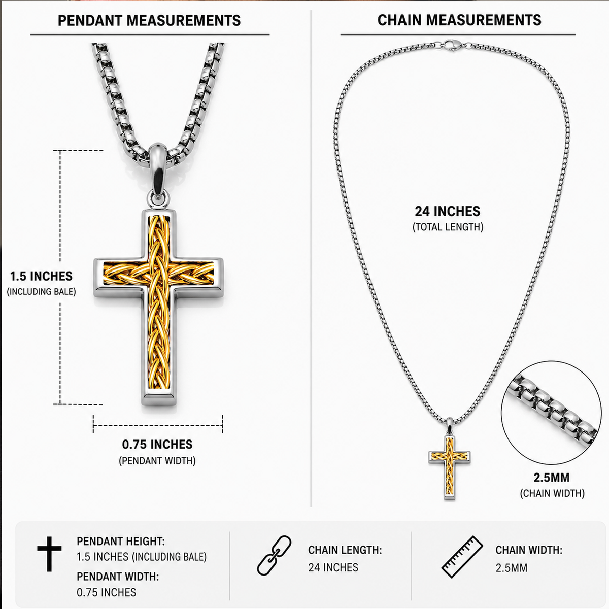 Men's Stainless Steel Two-Tone Cross Necklace with Braided Wire Inlay, 1.5" Pendant, 24" 2.5mm Round Box Chain