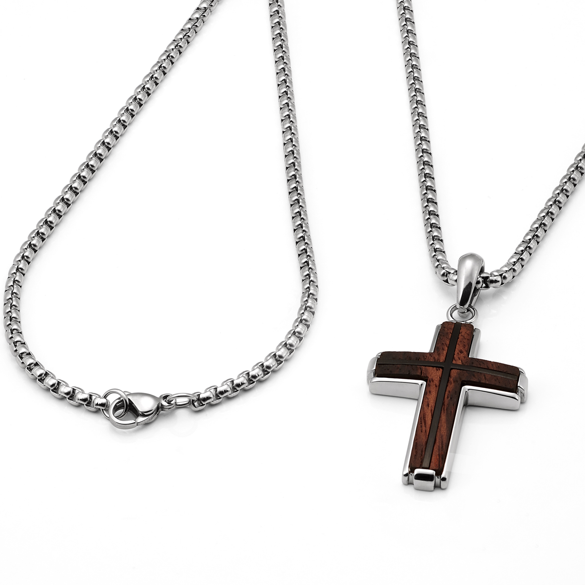 Men's Stainless Steel Cross Necklace with Real Santos Wood Inlay Round Box Chain