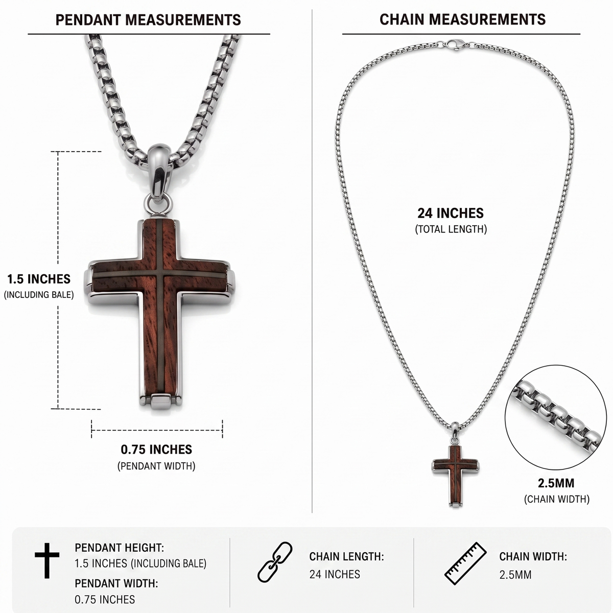 Men's Stainless Steel Cross Necklace with Real Santos Wood Inlay Round Box Chain