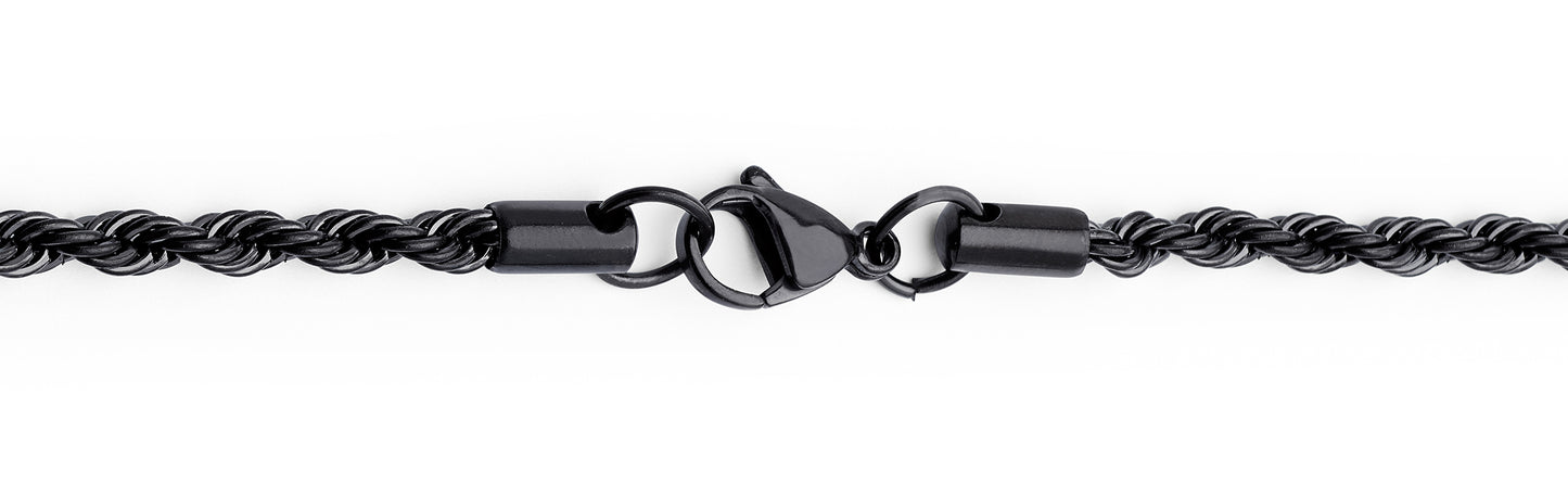 Black Plated Stainless Steel Men's Rope Chain Necklace 4MM 24" Lobster Lock