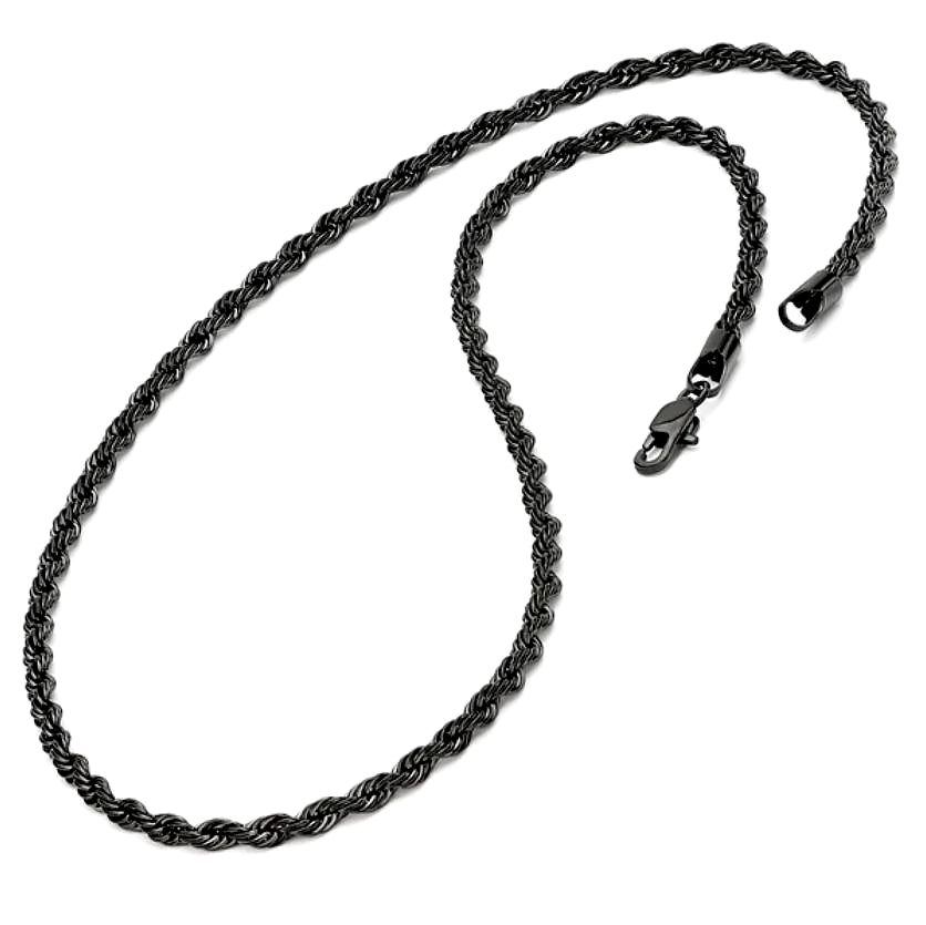 Black Plated Stainless Steel Men's Rope Chain Necklace 4MM 24" Lobster Lock