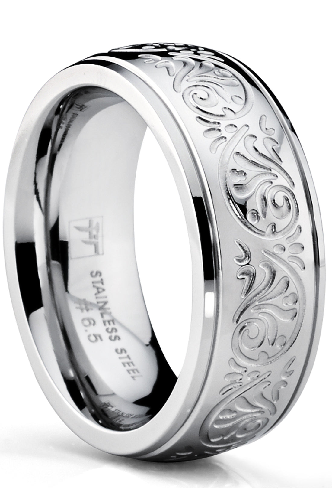 Women's 7MM Stainless Steel Ring Engraved Florentine Design Sizes 4-13
