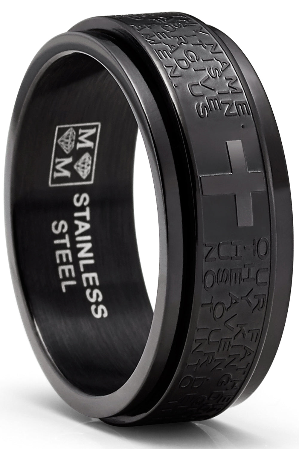 Men's Stainless Steel Lord's Prayer Spinner Fidget Ring Anxiety Band Goldtone Black 8MM