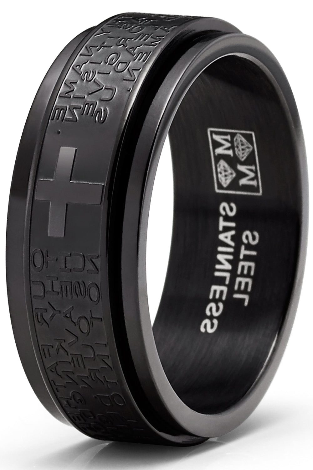 Men's Stainless Steel Lord's Prayer Spinner Fidget Ring Anxiety Band Goldtone Black 8MM
