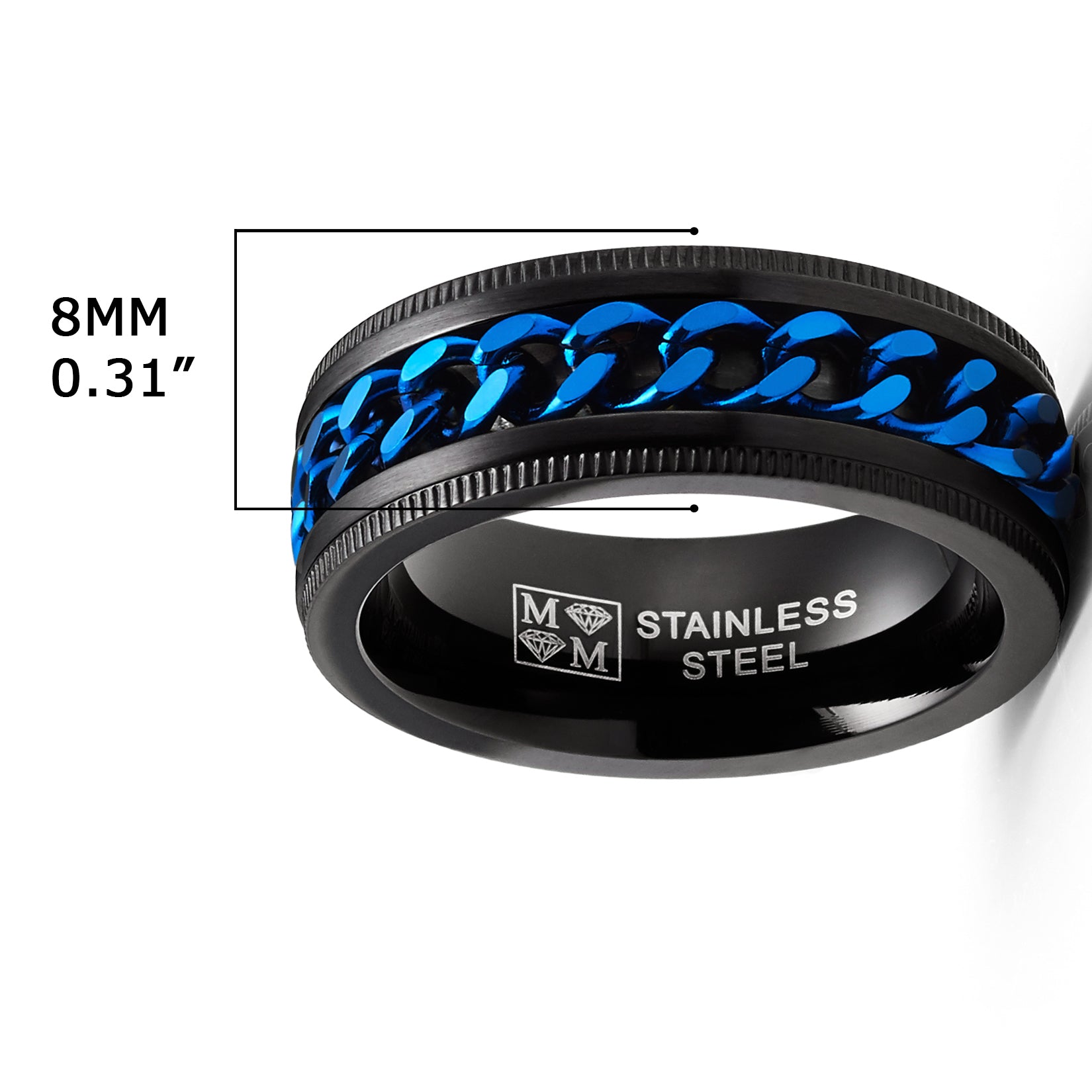Men's Stainless Steel Curb Chain Link Spinner Fidget Ring Anxiety Band Black Blue 8MM