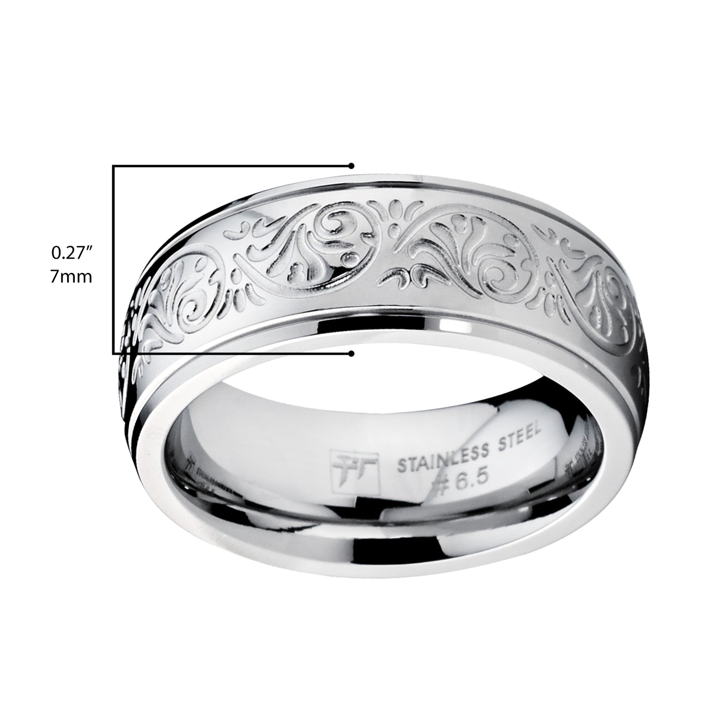 Women's 7MM Stainless Steel Ring Engraved Florentine Design Sizes 4-13